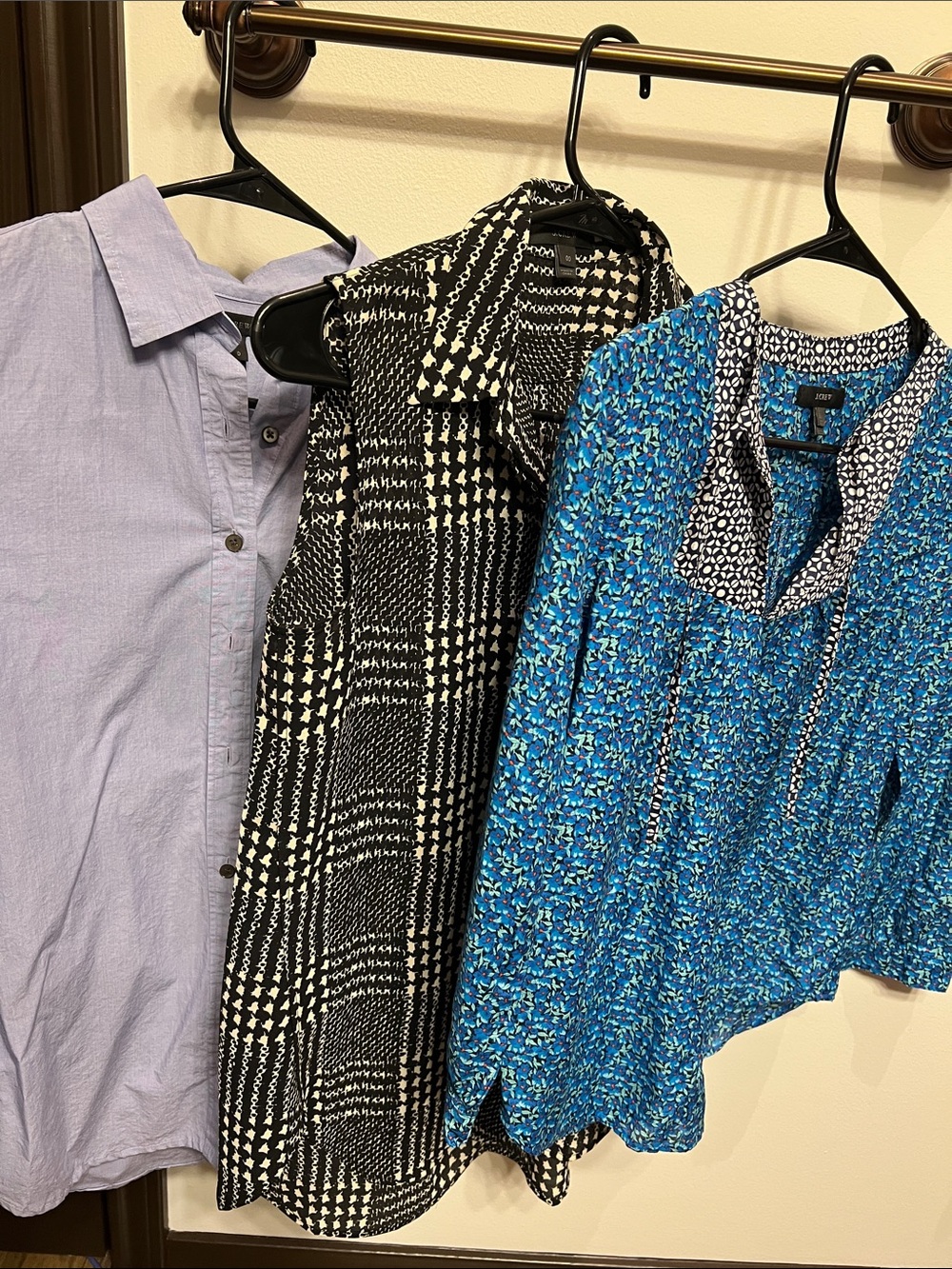 Lot of 3 J. Crew blouses; Blue, Blue Floral, Black & White Houndstooth Blouse